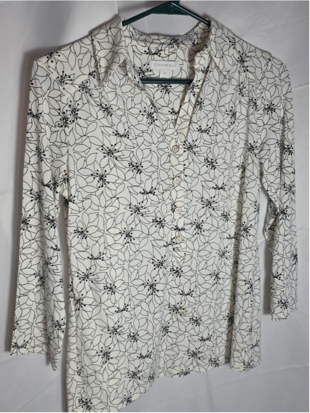 Women's Charter Club Blouse XS White Black Floral Print Long Sleeve contemporary